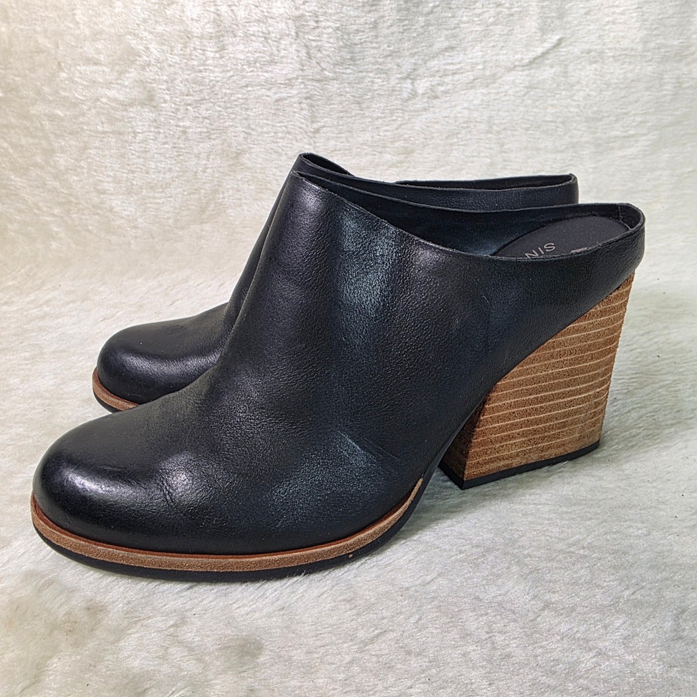 Kork-Ease Mules Black Leather Stacked Block Heel Women 9M Excellent